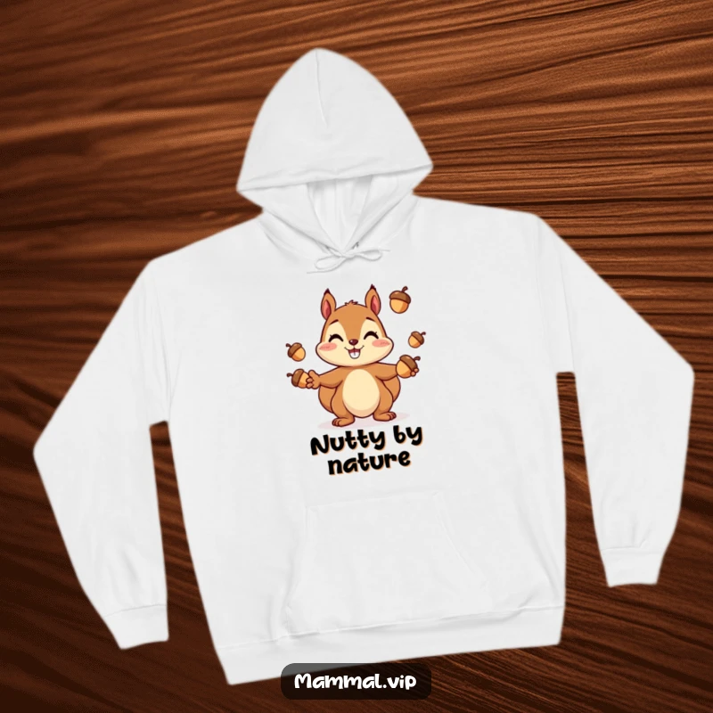 Funny Squirrel Hoodie: A cheerful squirrel character juggling acorns, bringing cozy, playful vibes.
