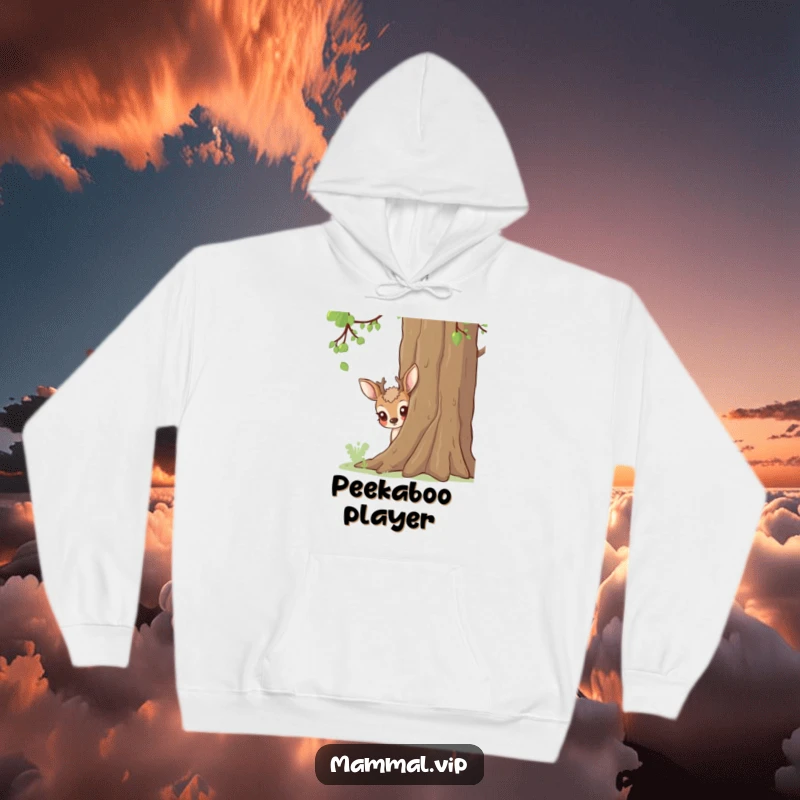 Funny deer peeking from behind a tree, a cozy and humorous hoodie for nature fans.