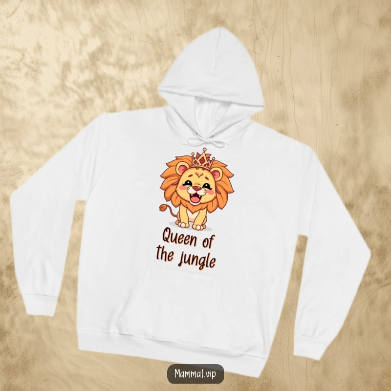 Funny hoodie with a proud lion character wearing a tiny tiara and roaring, offering cozy comfort and regal humor.