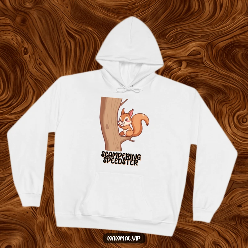 Funny hoodie featuring an energetic squirrel character scampering up a tree. Comfortable and humorous nature-themed apparel.