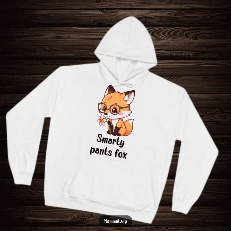 Funny fox with spectacles, examining a flower on a warm hoodie. A cozy and funny gift.
