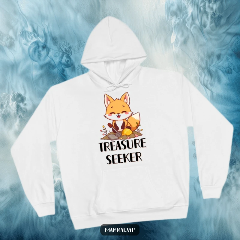 Funny fox digging for treasure hoodie, showing an excited character on a quest for riches, perfect for warmth and a funny gift.