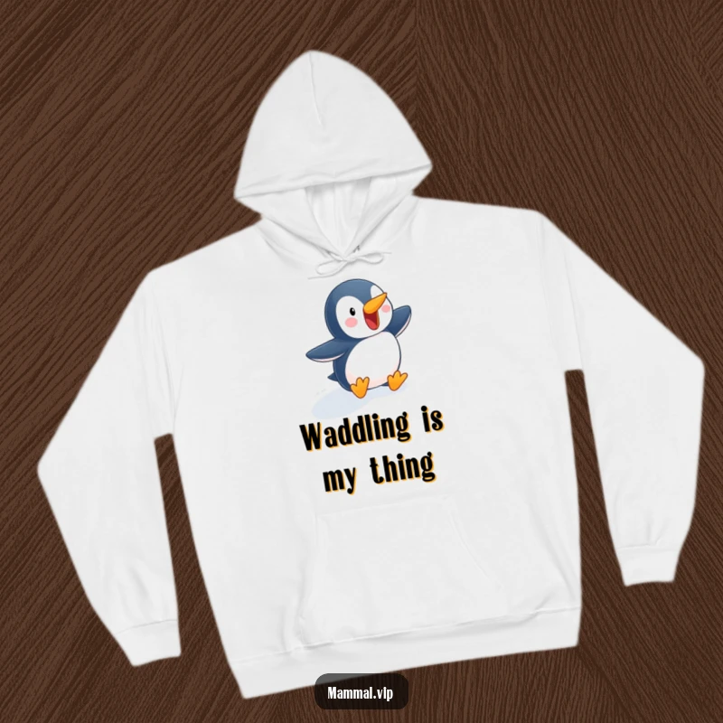 Funny penguin hoodie featuring an excited character waddling down a snowy slope, providing warmth and a humorous touch for winter enthusiasts.