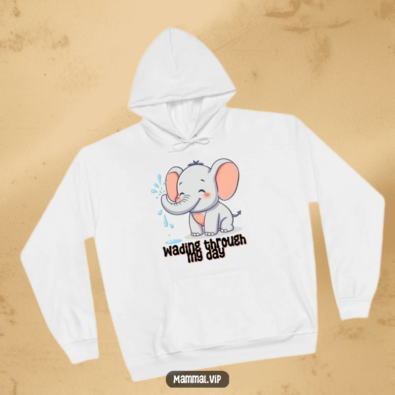 Funny Hoodie featuring a happy elephant character joyfully spraying water from its trunk, a perfect blend of comfort and playful amusement.