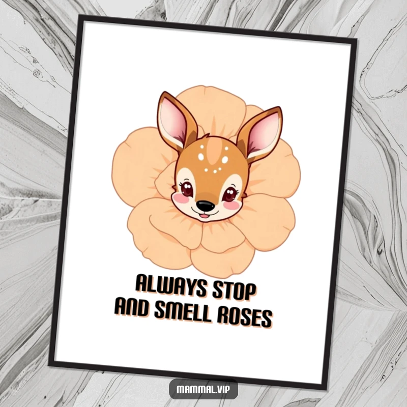 Free Printable Wall Art: Curious deer peeking shyly from behind a large, beautifully blooming flower, creating a serene scene.