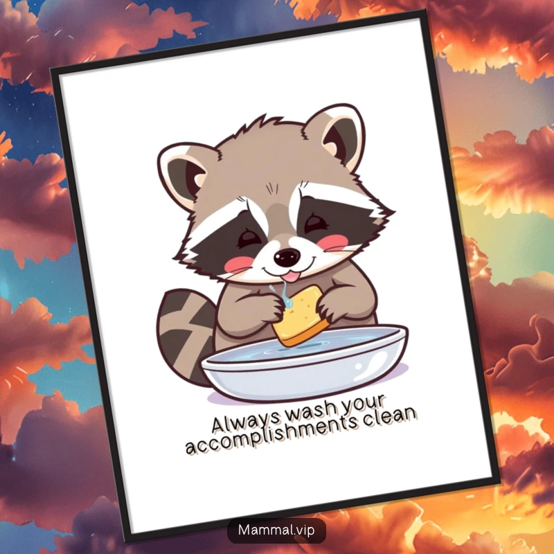 Funny free printable wall art depicting a playful raccoon meticulously washing a small piece of food with utmost concentration.