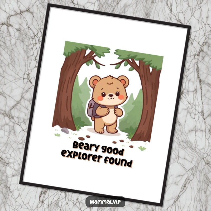 Funny Free Printable Wall Art: A cute bear cub wearing a backpack explores a lush, green forest, a downloadable decoration.