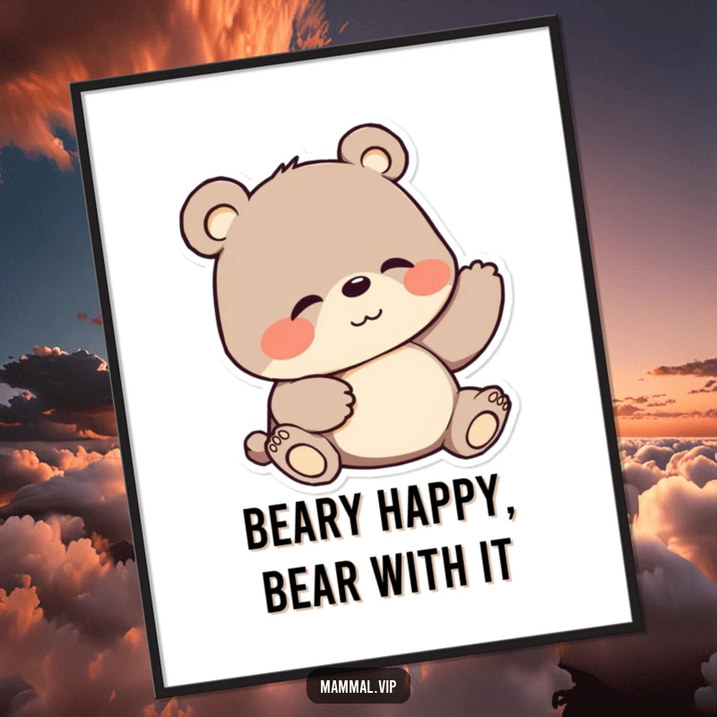 Funny free printable wall art of a bear blissfully scratching its belly, radiating pure contentment and humor.