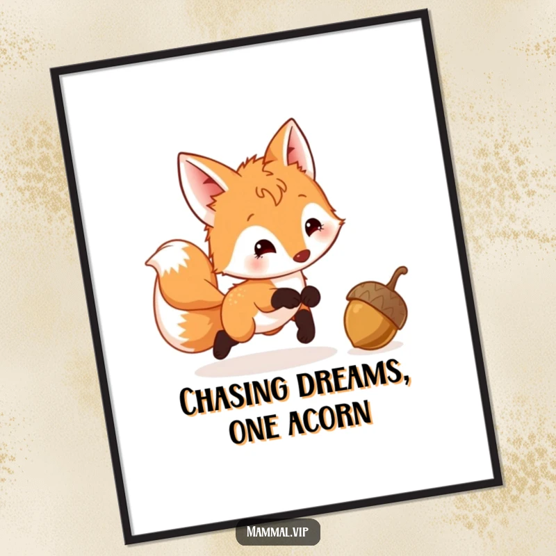 Funny Free Printable Wall Art: A cute fox cub with a fast-wagging tail, intently chasing a small, bouncing acorn.