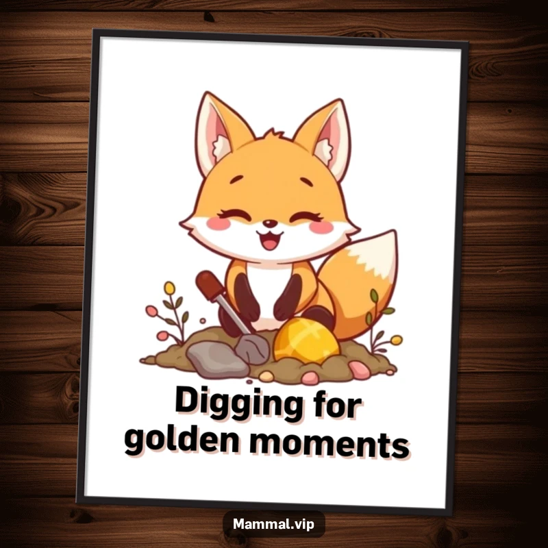 Free Printable Wall Art: Happy fox character enthusiastically digging, revealing a sparkling treasure chest, a scene of excitement.