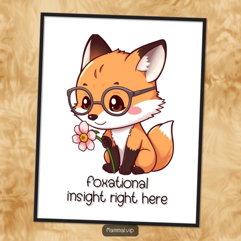 Funny Free Printable Wall Art: A fox wearing spectacles peers closely at a delicate flower, a downloadable whimsical decoration.