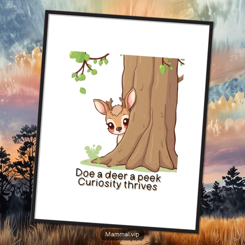 Funny Free Printable Curious Deer Art: A deer with wide eyes peeking from behind a tree, creating a whimsical and curious piece of downloadable art.