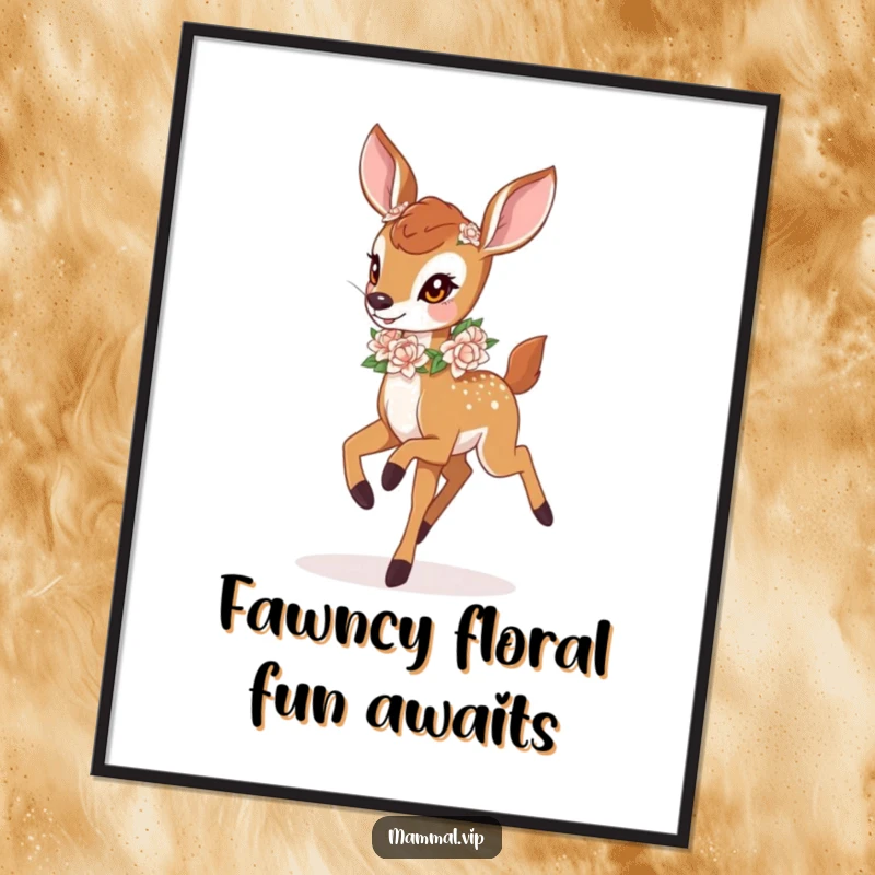 Funny Free Printable Wall Art: A deer fawn wearing a flower garland prances with joy in a meadow, a downloadable decoration.