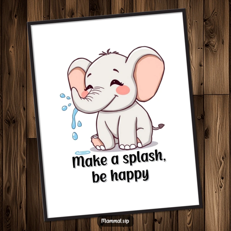 Funny free printable wall art of a joyful elephant cheerfully spraying water from its trunk, adding a whimsical touch.