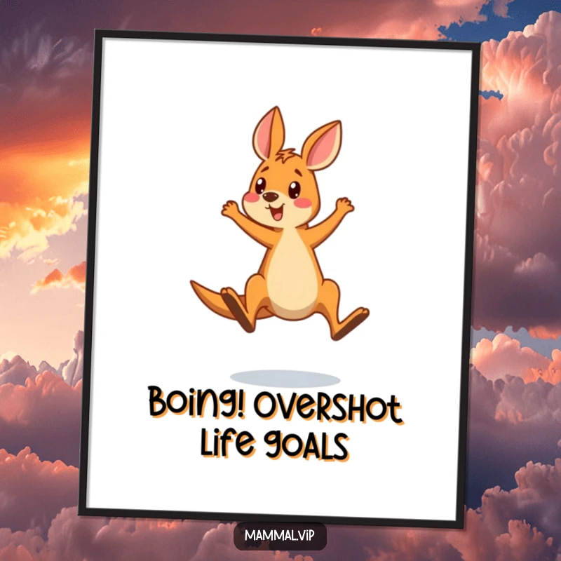 Funny Free Printable Wall Art, showing a kangaroo character comically overshooting a jump, with wide eyes of surprise and cartoonish motion lines.