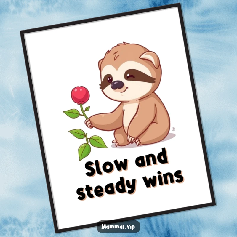 Funny Free Printable Wall Art, depicting a smiling sloth character in a slow, deliberate motion, reaching for a tiny berry far away.