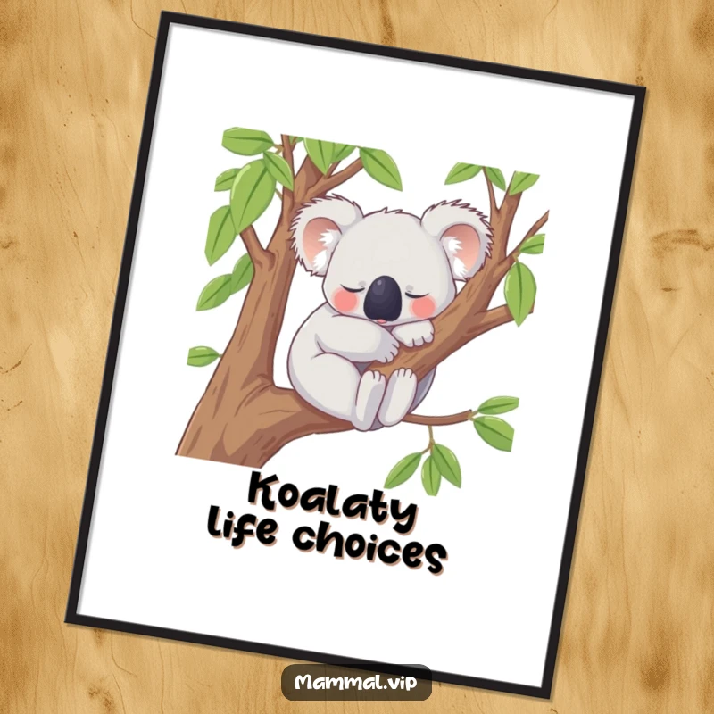 Funny free printable wall art: Content koala character snoozing peacefully on a tree branch, radiating calm.