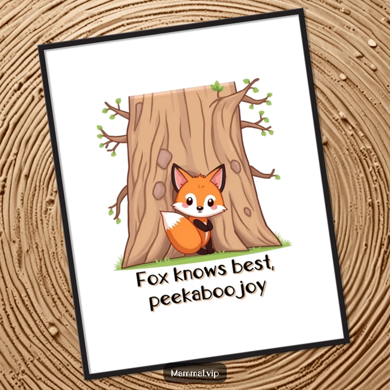 Funny Free Printable Wall Art: A curious fox kit character peeking from behind a large oak tree, playful and charming.