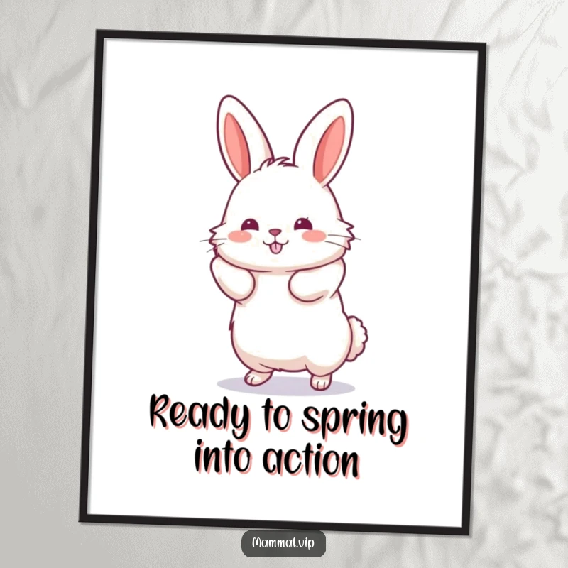 Funny Free Printable Wall Art: A fluffy rabbit with hind legs fully extended, showing peak readiness for a mighty jump.