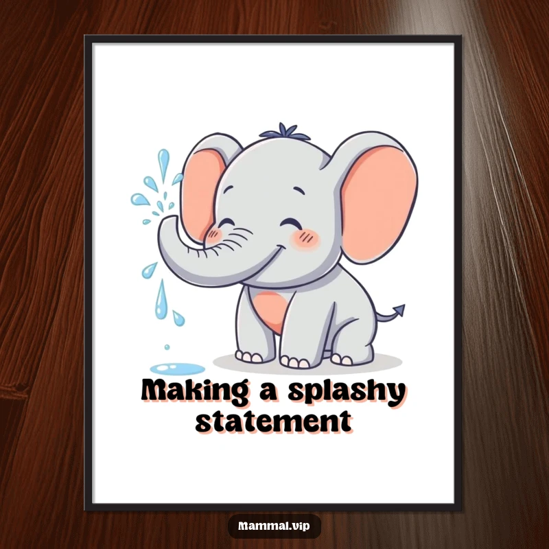 Funny free printable wall art: Grinning elephant character playfully spraying water with its trunk, full of joy.
