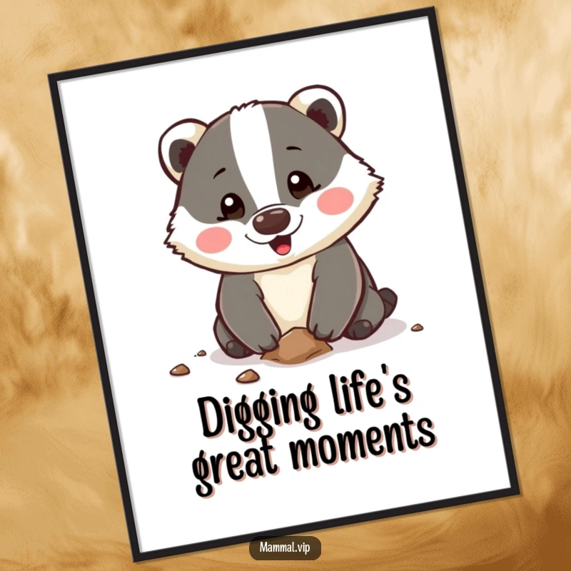 Funny free printable wall art: Happy badger character enthusiastically digging with its paws, full of life.