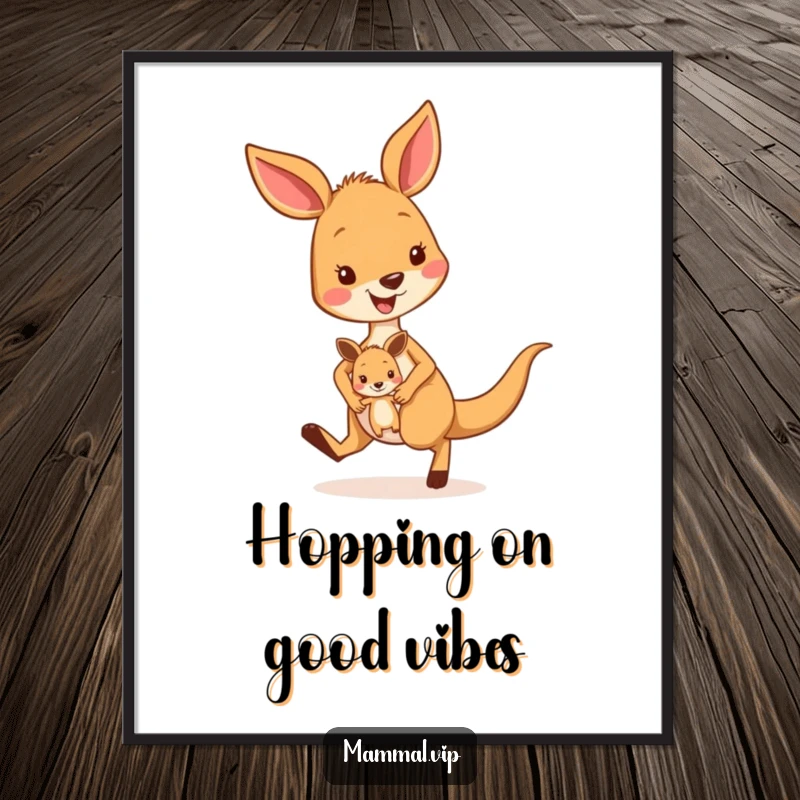 Funny Free Printable Wall Art: Smiling kangaroo energetically hopping with a joey, capturing movement and joy.