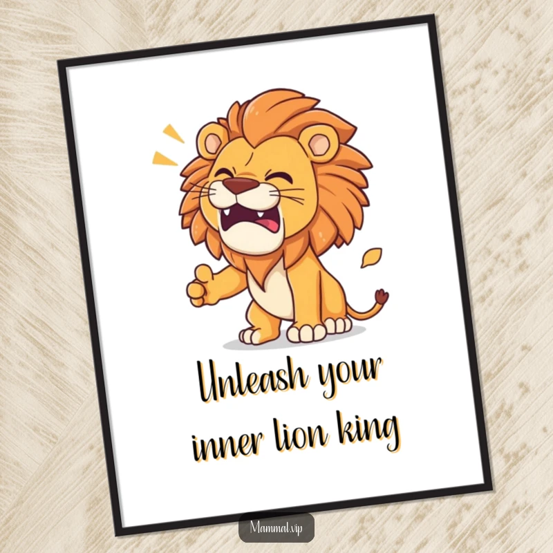 Funny Free Printable Wall Art: A determined lion character practicing a majestic roar with exaggerated funny sound effects, full of personality.