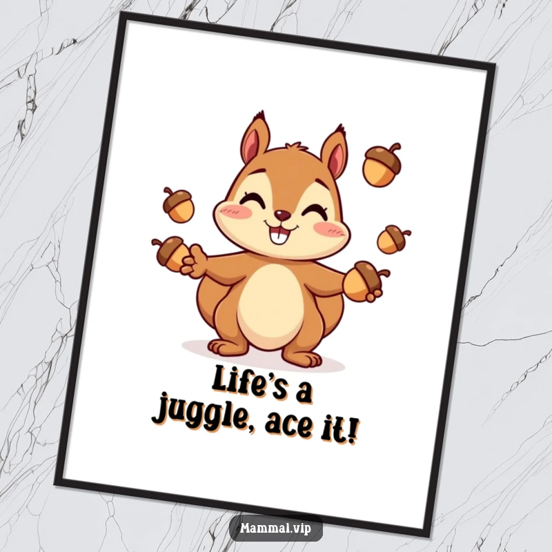 Funny Free Printable Wall Art: A cheerful squirrel with a wide smile, perfectly juggling three acorns.