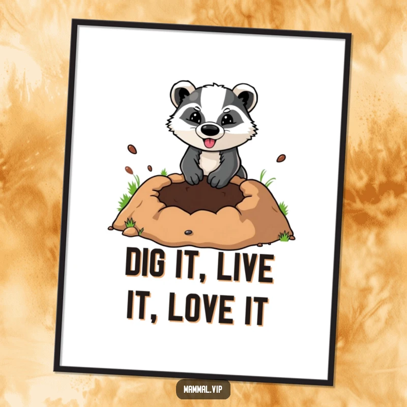 Funny Free Printable Wall Art: A determined badger character digging an impressively large hole, adding a touch of woodland humor to decor.