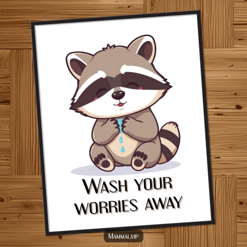 Funny Free Printable Wall Art: A comical raccoon meticulously washes its paws, bringing quirky charm and humor to any room.