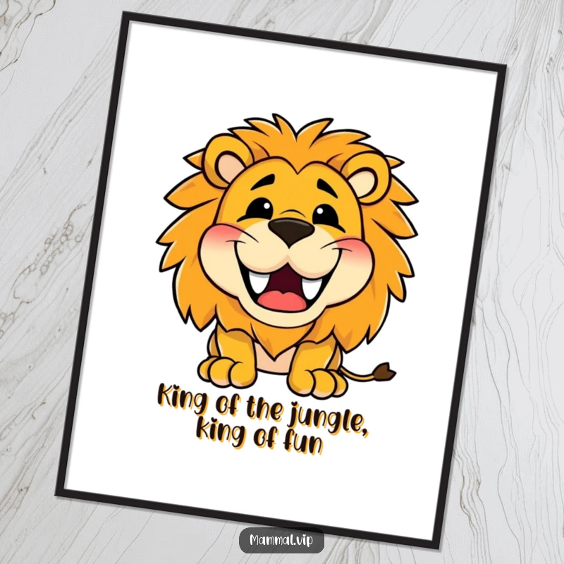 Funny Free Printable Wall Art: A happy lion with a wide, toothy grin, roaring joyfully to liven up any room.