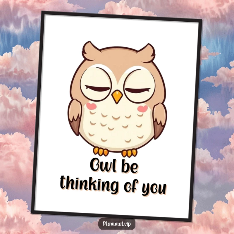 Funny free printable wall art: a round owl with intelligent eyes stares calmly and blinks slowly, full of wisdom.