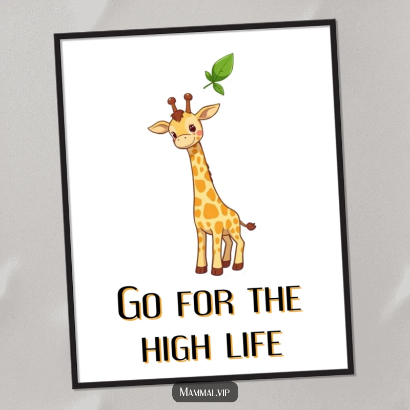 Free Printable Wall Art: A curious giraffe stretching its long neck to reach a high leaf, bringing a touch of nature indoors.