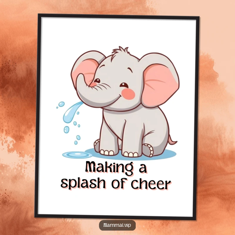 Funny Free Printable Wall Art: A large, happy elephant gleefully spraying a fountain of water from its trunk.