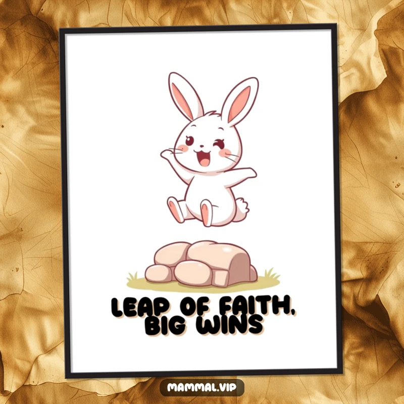Funny Free Printable Wall Art: Dynamic rabbit character joyfully leaping over a small obstacle, full of energy.