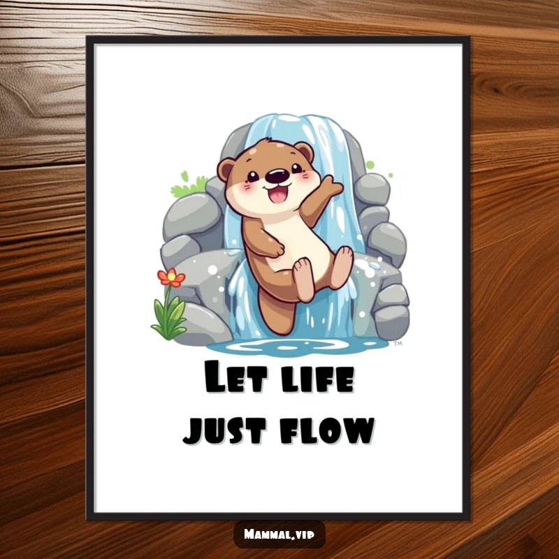 Free Printable Wall Art: Playful otter character with a look of glee sliding down a dynamic waterfall, capturing pure fun.