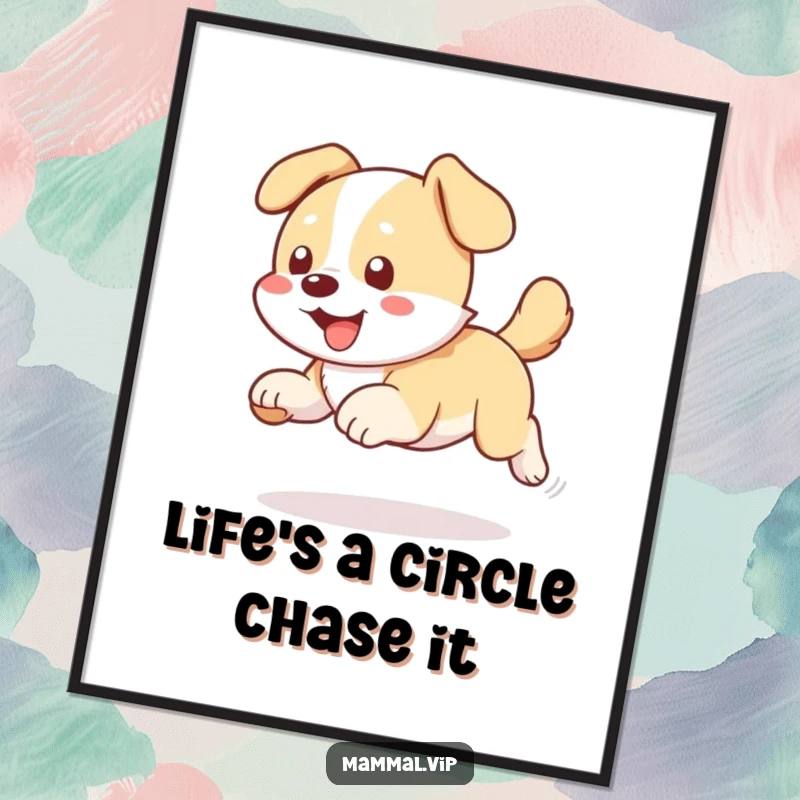 Funny Free Printable Wall Art of a dog character joyfully chasing its tail in a playful circle, DIY decor.