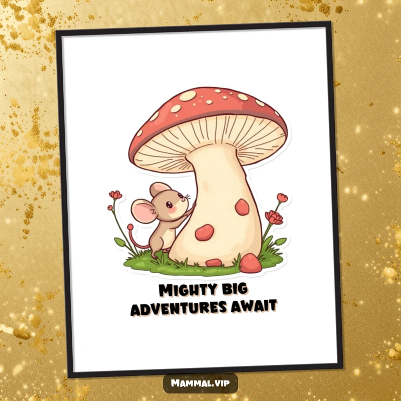 Funny Free Printable Mouse Wall Art: A tiny mouse excitedly explores a giant mushroom, bringing whimsical charm to your walls.