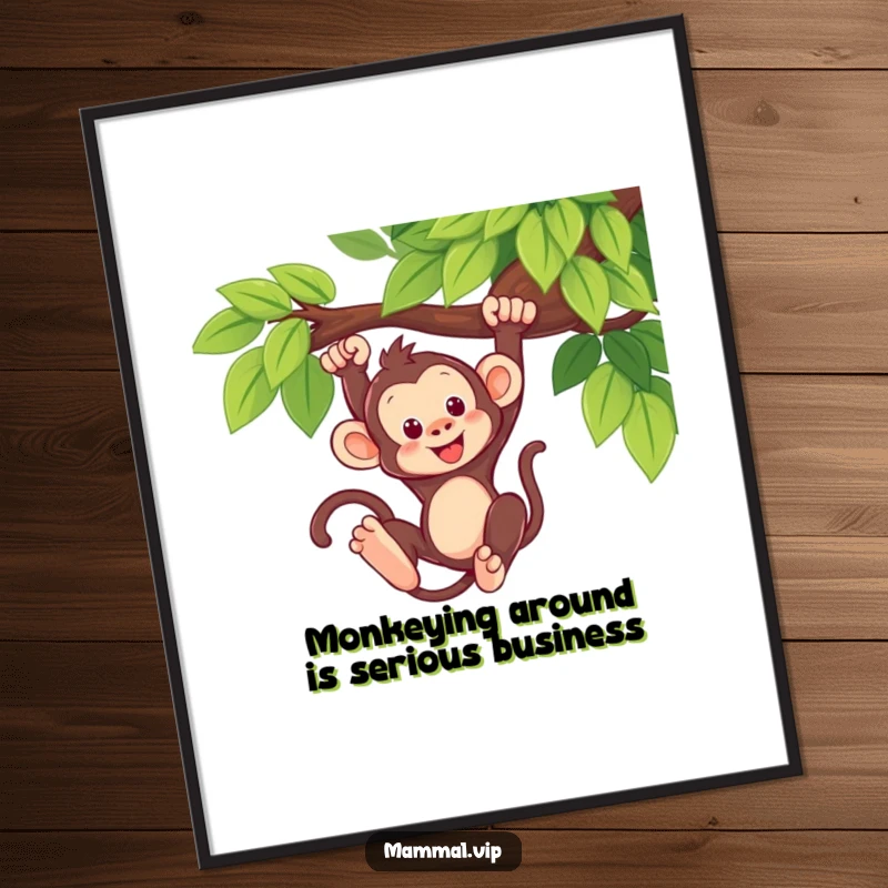 Funny Free Printable Wall Art: A cute monkey captured mid-swing from a tree branch, adding a whimsical and humorous element.