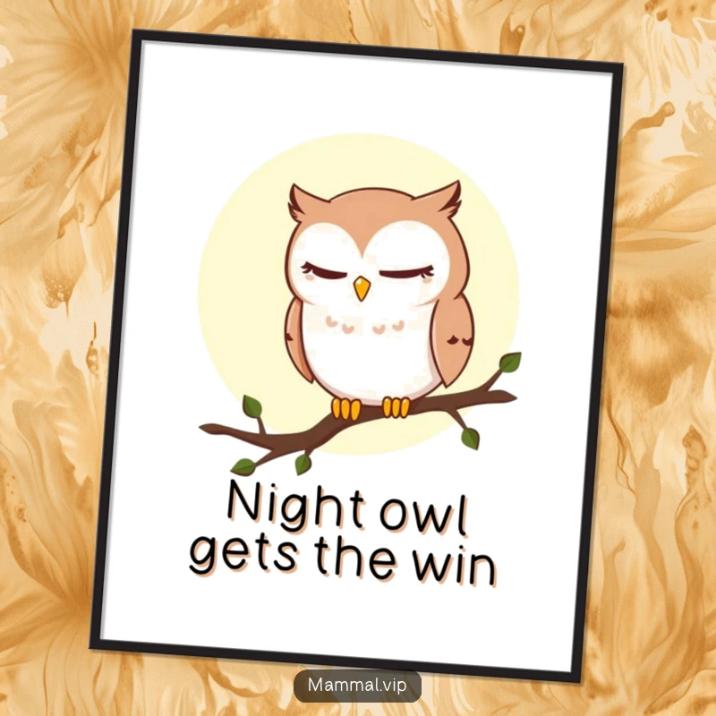 Funny free printable wall art of a sly winking owl on a moonlit branch, adding a touch of humor to your decor.