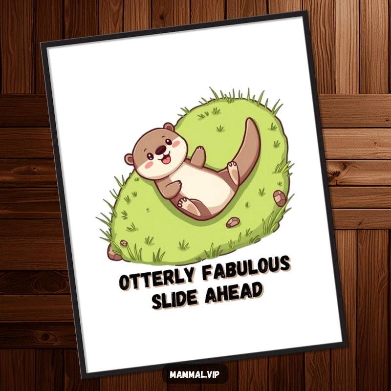 Funny Free Printable Wall Art: Cheerful otter character with a happy expression, joyfully sliding down a grassy hill.