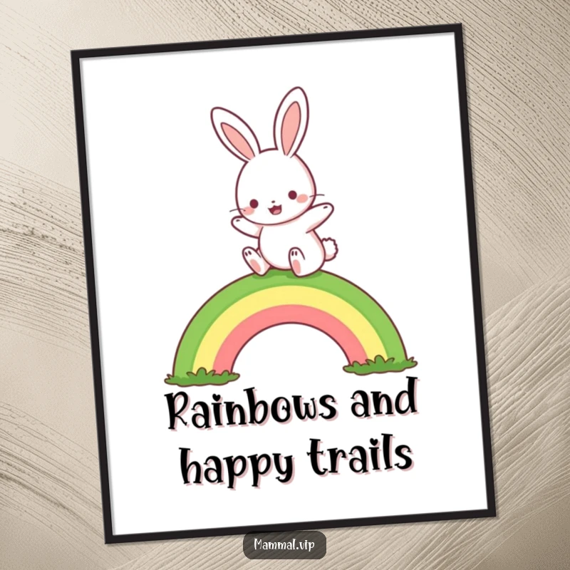 Free Printable Wall Art: Cute rabbit character joyfully leaping over a small, colorful rainbow, creating a whimsical atmosphere.