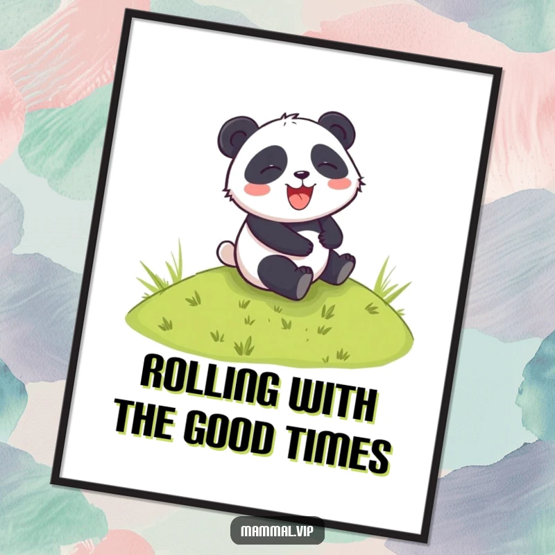 Funny Free Printable Wall Art: A cheerful panda character gleefully rolling down a lush green hill.