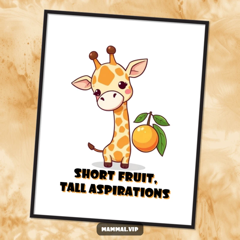 Funny Free Printable Wall Art: Cute giraffe comically reaching its neck out to grab a single, low-hanging piece of fruit.