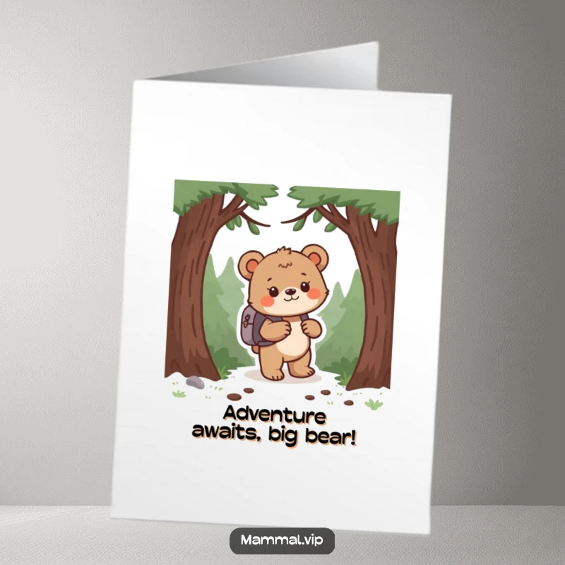 Funny Free Printable Birthday Card: Playful bear cub with backpack exploring a vibrant forest, perfect for a downloadable gift.