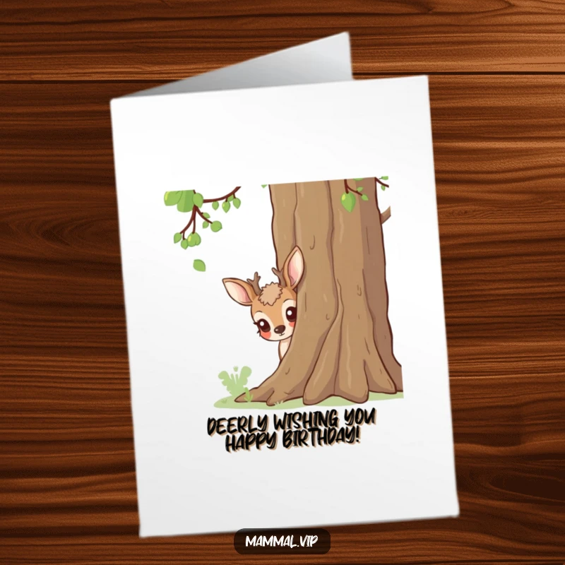 Funny Free Printable Curious Deer Card: A shy deer peeking its head from behind a tree, wishing a happy birthday with innocent curiosity.