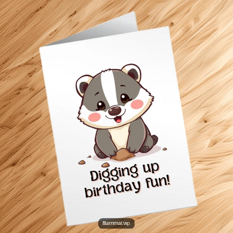 Funny free printable birthday card: Happy badger character enthusiastically digging with its paws, ready for fun.