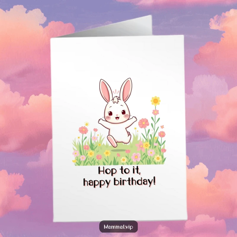 Funny Free Printable Birthday Card: A bouncy rabbit character enthusiastically hopping in a field of colorful flowers.