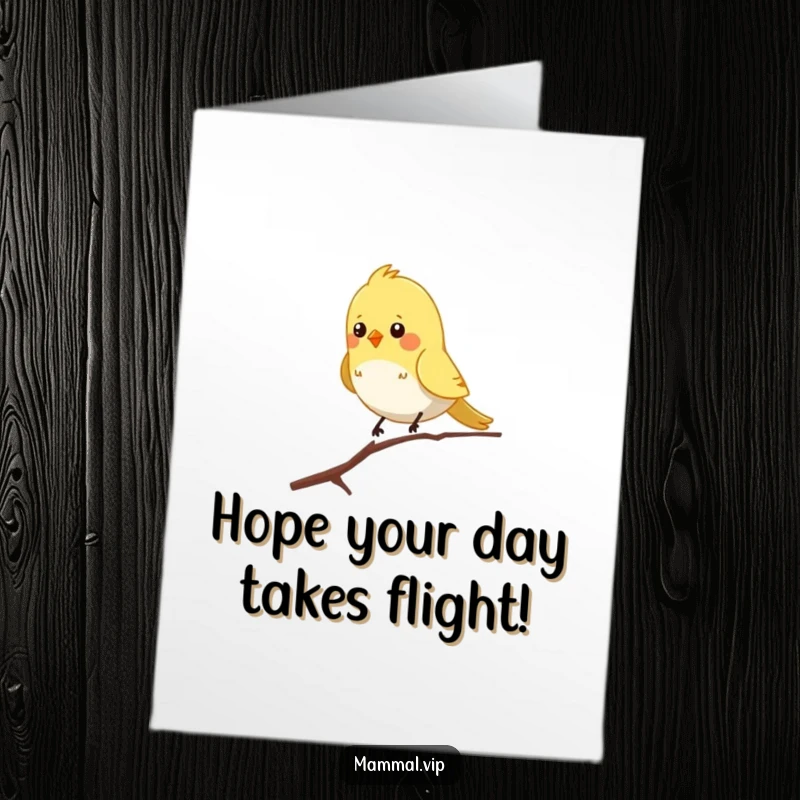 Funny Free Printable Birthday Card: A chirpy bird character wobbling while balancing on a very thin, skinny branch.