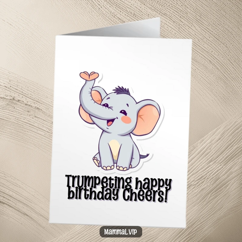 Funny Free Printable Birthday Card: A joyful elephant trumpeting loudly with its trunk raised high, celebrating a special day.